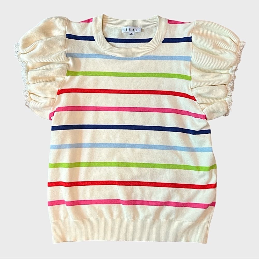 THML Cream Short Puff Sleeve Sweater with Multicolor Stripes